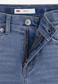 Jeans de mezclilla de pierna ancha con un lavado azul claro. Cuenta con cremallera, cierre de botón y una textura áspera con costuras amarillas. Etiqueta de la marca visible.
