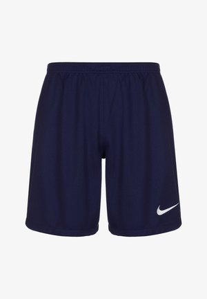Pantalones cortos deportivos azul marino hechos de tela ligera, con una cinturilla elástica y un prominente logo blanco de Nike en la parte inferior izquierda.
