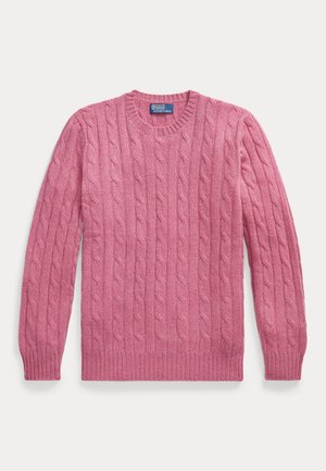 Jersey rosa de punto con diseño de trenza, cuello redondo, mangas largas y puños y dobladillo acanalados, colocado plano sobre un fondo blanco.