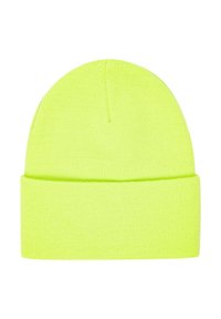 Berretto lavorato a maglia giallo neon con risvolto. Realizzato in tessuto morbido, presenta una texture liscia e un design a cupola. 