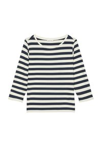 Randig långärmad skjorta i marinblått och krämfärgat, med rund halsringning och mjukt tyg, med horisontella ränder.