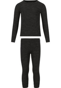 Zwarte lange mouwen top en aansluitende leggings van een zachte, textuurstof. De set heeft een ronde halslijn en een elastische tailleband.