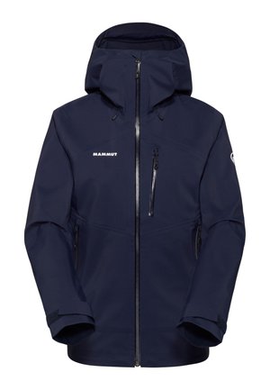 Marineblauwe waterdichte jas met capuchon, ritssluiting aan de voorkant, borst- en zijzakken met rits, Mammut-logo op borst en mouw.