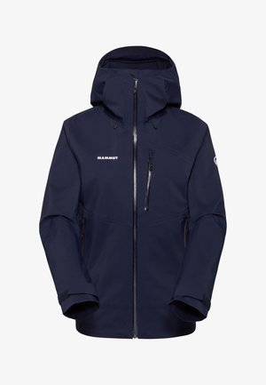 Marineblauwe waterdichte jas met capuchon, ritssluiting aan de voorkant, borst- en zijzakken met rits, Mammut-logo op borst en mouw.