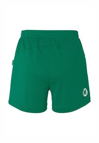 Groene sportieve shorts met een elastische tailleband, een gladde textuur en een witte logo-accent aan de onderkant aan de rechterzijde.