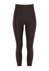 Hoch taillierte, eng anliegende Leggings in Dunkelbraun, aus glattem, dehnbarem Material ohne sichtbare Muster oder Akzente.