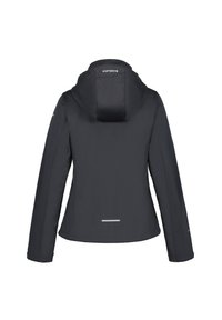 Veste noire isolée avec capuche, arborant un design épuré, des manches longues et des accents réfléchissants. Tissu lisse avec une finition mate.