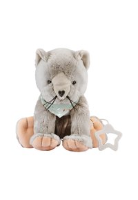Plush cat toy with soft gray fur, pinkish-orange paws, and a mint green bandana with a pattern. Includes a star-shaped teething ring.