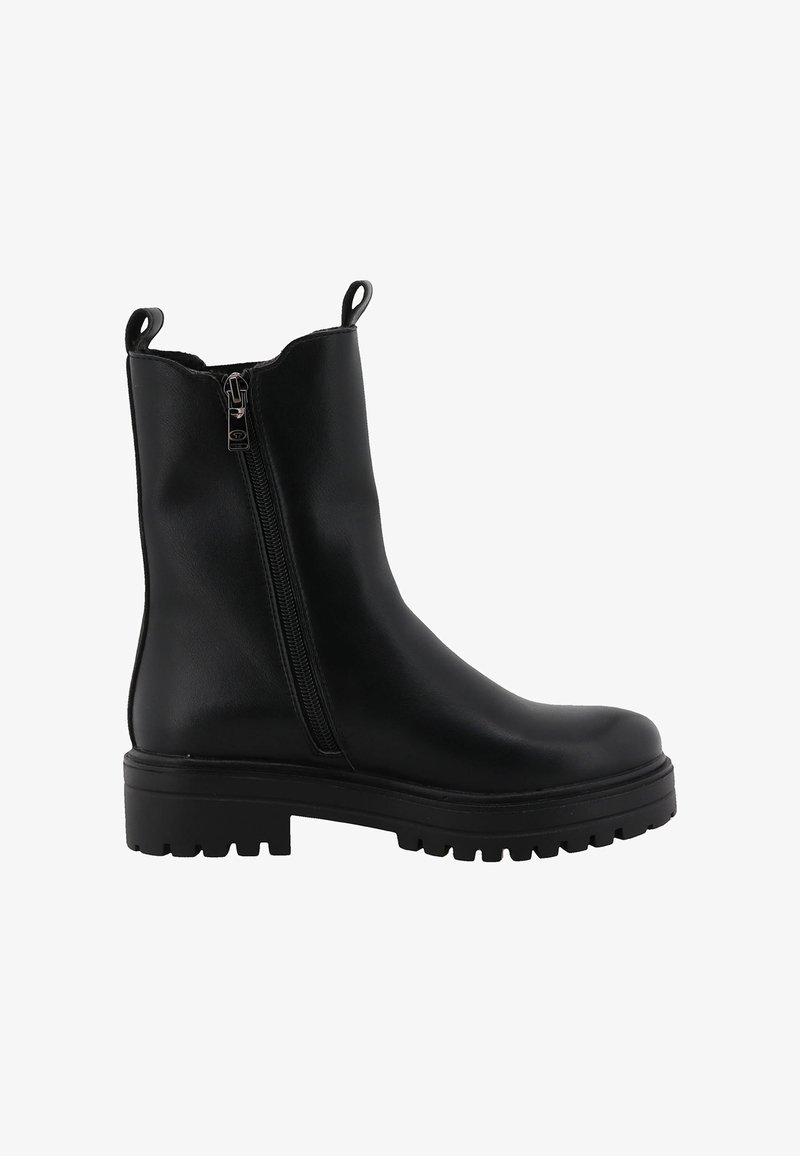 Botte en cuir noire mi-mollet avec fermeture éclair latérale, languettes d'extraction et semelle épaisse à crampons, montrée de profil sur fond blanc.