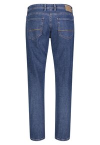 Blå denimjeans med rak bendesign, med två bakfickor med kontrasterande sömmar och en märkesläderlapp vid midjan.