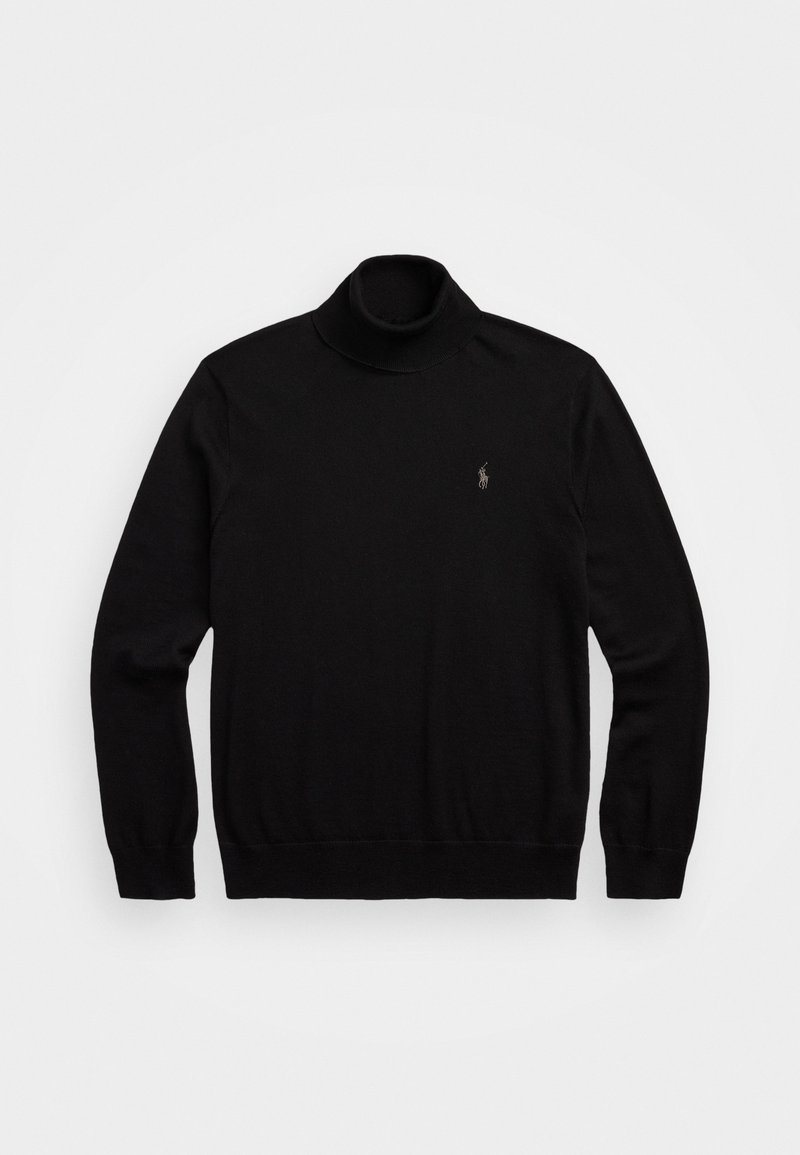 Schwarzer Pullover mit langen Ärmeln und Stehkragen, mit gerippten Bündchen und Saum, ausgestattet mit einem kleinen gestickten Logo auf der linken Brust.