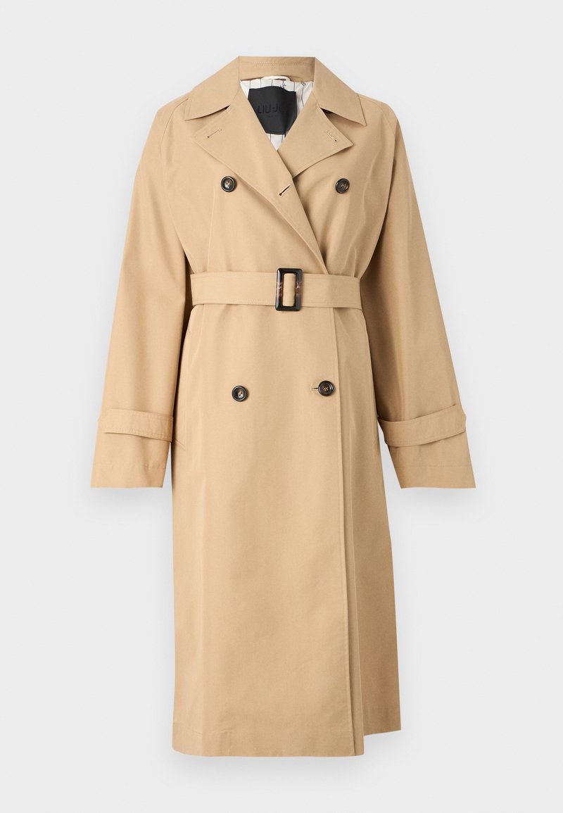 Beige Trenchcoat mit doppelt geknöpftem Verschluss, tailliertem Gürtel und Reverskragen. Verfügt über gekrempelte Ärmel und eine glatte Textur.