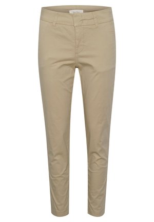 Beige cotton blend trousers with a slim fit, featuring a zip fly, belt loops, and front pockets. Smooth texture and tailored design.
