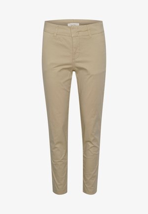 Beige cotton blend trousers with a slim fit, featuring a zip fly, belt loops, and front pockets. Smooth texture and tailored design.