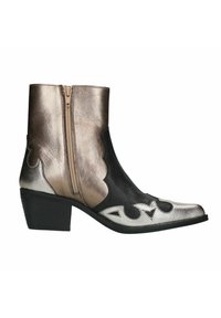 Metallic gold and black ankle boot with scalloped design, side zipper, and decorative cutouts on the toe. Chunky heel for support.