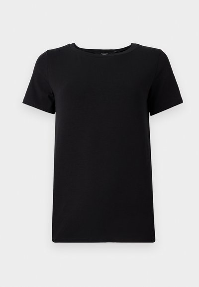 Schwarzes T-Shirt aus weicher Baumwolle, mit Rundhalsausschnitt und kurzen Ärmeln in einem schlichten, nahtlosen Design. Keine Muster oder Akzente.