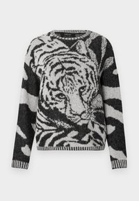 Schwarz-weiß gestrickter Pullover mit Tiger-Motiv, rundem Ausschnitt, langen Ärmeln und geripptem Saum mit strukturiertem Muster.