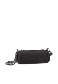 Borsa a tracolla in nylon nero con forma cilindrica. Caratterizzata da una tracolla testurizzata in bianco e nero, zip sicura e dettaglio del marchio.