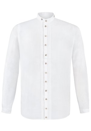White long-sleeve shirt made of linen, featuring a mandarin collar, central button placket with decorative buttons, and pleated accents.