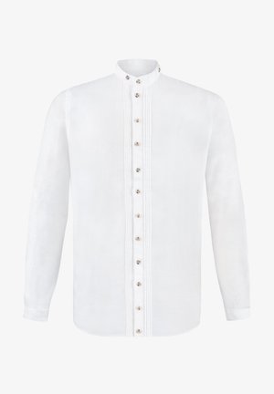 Weißes Langarmhemd aus Leinen mit Mandarin-Kragen, zentraler Knopfleiste mit dekorativen Knöpfen und Plissee-Akzenten.