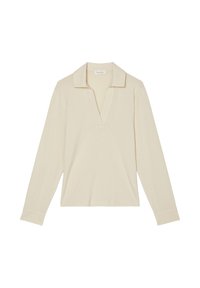 Helle beige Langarm-Polohemd mit V-Ausschnitt und Kragen. Aus weichem Stoff gefertigt, mit lockerer Passform und geknöpften Ärmeln. Einfaches Design.