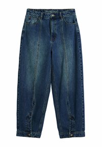 Jeans mit klassischem blauen Washed, hohem Taillenansatz, lockerer Passform, Vorder- und Hintertaschen sowie Knopfverschluss am Bund.