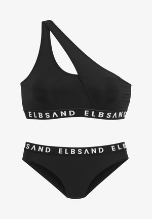 Schwarzes Bikini-Set mit einem Top mit einem Schulterriemen, das ein elastisches Band mit "ELBSAND"-Text aufweist, kombiniert mit passenden Bikini-Höschen.
