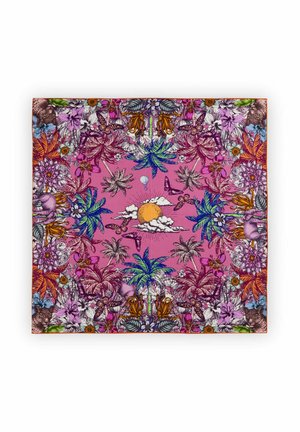 Foulard carré rose vif avec des fleurs tropicales, des feuilles de palmier, des papillons, des oiseaux, un soleil avec des nuages, une montgolfière et des têtes de léopard aux coins.
