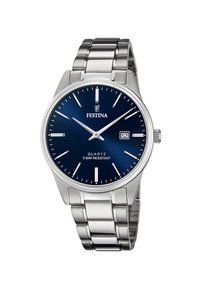 Montre en acier inoxydable argenté avec un cadran bleu, index horaires argentés et un affichage de la date. Résistante à l'eau jusqu'à cinq bars, design de bracelet à maillons.