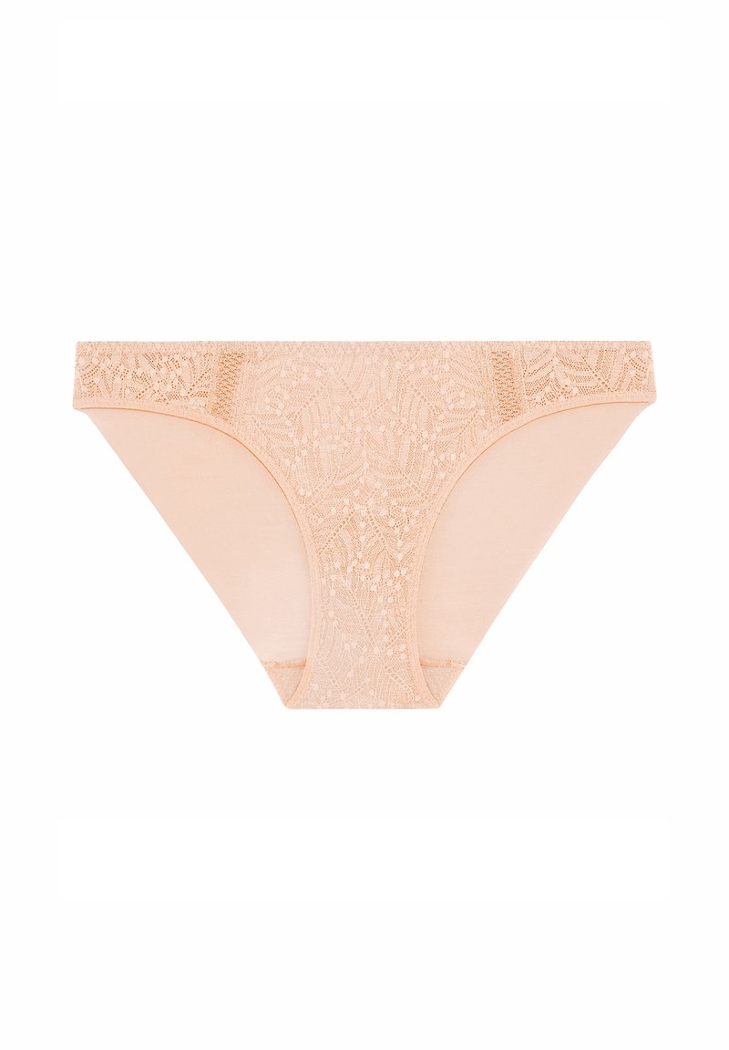Perizoma in pizzo nudo con motivo floreale, realizzato in un tessuto morbido. Il punto vita è rifinito con un intricato bordo in pizzo. Sides senza cuciture per il massimo comfort.
