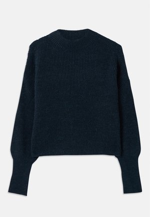 Dark navy blue ribbed knit sweater with long sleeves and a round neckline laid flat on a white background.