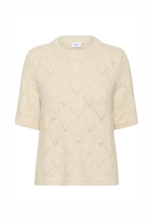 Krém színű rövid ujjú kötött pulóver gyémánt formájú lyukacsos mintával, bordás kerek nyakkivágással, mandzsettával és szegéllyel.