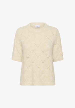 Krém színű rövid ujjú kötött pulóver gyémánt formájú lyukacsos mintával, bordás kerek nyakkivágással, mandzsettával és szegéllyel.