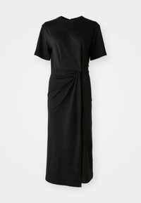Abito midi nero in tessuto morbido, con maniche corte, scollatura rotonda e un dettaglio a torsione in vita che crea un effetto drappeggiato.