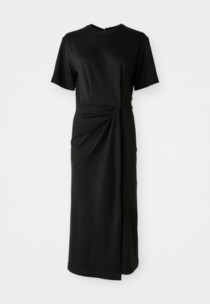 Black midi dress in soft fabric, featuring short sleeves, a round neckline, and a twist detail at the waist that creates a draped effect.