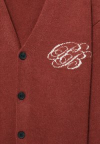 Kardigan in Rostfarbe, aus gestricktem Stoff. Mit V-Ausschnitt, schwarzen Knöpfen und einem weißen gestickten Design auf der Brust.