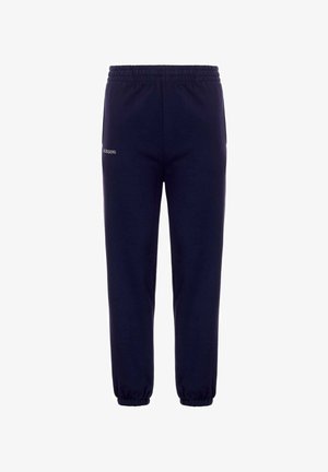 Pantaloni della tuta blu navy con vita elastica, caviglie risvoltate e dettaglio con logo sul lato. Realizzati in tessuto morbido e confortevole.