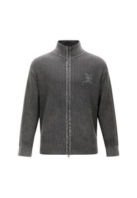 Grauer, gerippter Strick-Zip-Pullover mit hohem Kragen und langen Ärmeln, mit dezentem gesticktem Logo auf der linken Brust.