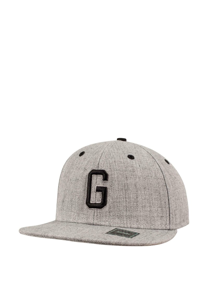 Grå snapback-cap med en strukturert design, som har en svart brodert "G"-logo og en flat skjerm. Lett tekstur på stoffet.
