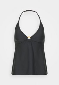 Zwart bikini-top met een halternekontwerp, verstelbare straps en een gouden ronde hardwareaccent in het midden. Glad, stretch materiaal.