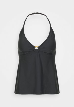 Schwarzer Bikini-Oberteil mit Halterneck-Design, verstellbaren Trägern und einem goldenen, runden Hardware-Highlight in der Mitte. Glattes, dehnbares Material.