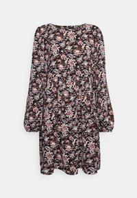 Vestido preto com flores, de mangas longas, apresentando um padrão floral multicolorido, decote redondo e uma bainha fluida. Textura de tecido suave.