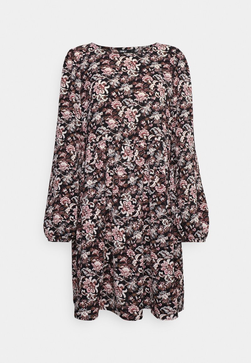 Vestido preto com flores, de mangas longas, apresentando um padrão floral multicolorido, decote redondo e uma bainha fluida. Textura de tecido suave.