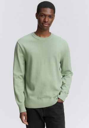 Een jonge man glimlacht terwijl hij een lichtgroene trui en zwarte jeans draagt, poserend tegen een effen grijze achtergrond.