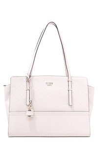 Light pink Guess tote bag with embossed pattern, double shoulder straps, and a small padlock charm attached to one strap.