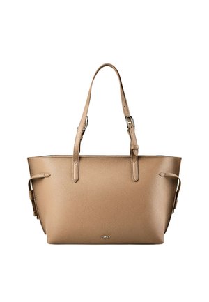 Bolso tote Furla de piel color topo con dos asas de hombro ajustables y acabado texturizado, tamaño mediano para uso diario.