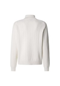 Maglione bianco a coste con collo alto, caratterizzato da maniche lunghe e orlo aderente. Motivo testurizzato su tutta la superficie del tessuto.