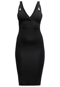 Schwarzes Bodycon-Kleid mit V-Ausschnitt und überkreuzten Trägern, mit einem gerippten Stoff und einer körpernahen Silhouette, die knielang endet.