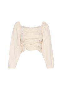 V krémszínű anyagból készült, négyzet alakú nyakkivágású cropped top, hosszú puff ujjal és redőzött részletekkel elöl. Simább textúra, könnyű.