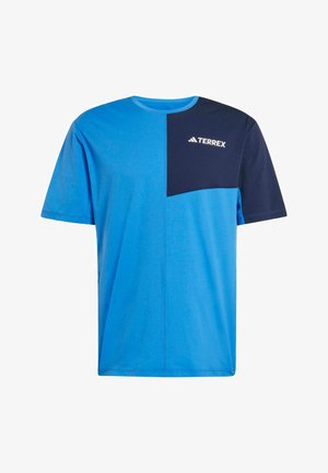 Camiseta deportiva TERREX de manga corta en azul y azul marino oscuro con diseño de bloques de color y cuello redondo.